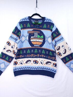 Geeknet Gamer Ramen Sushi Unisex Size 2X Sweater Noodle Blue Ugly Christmas Food